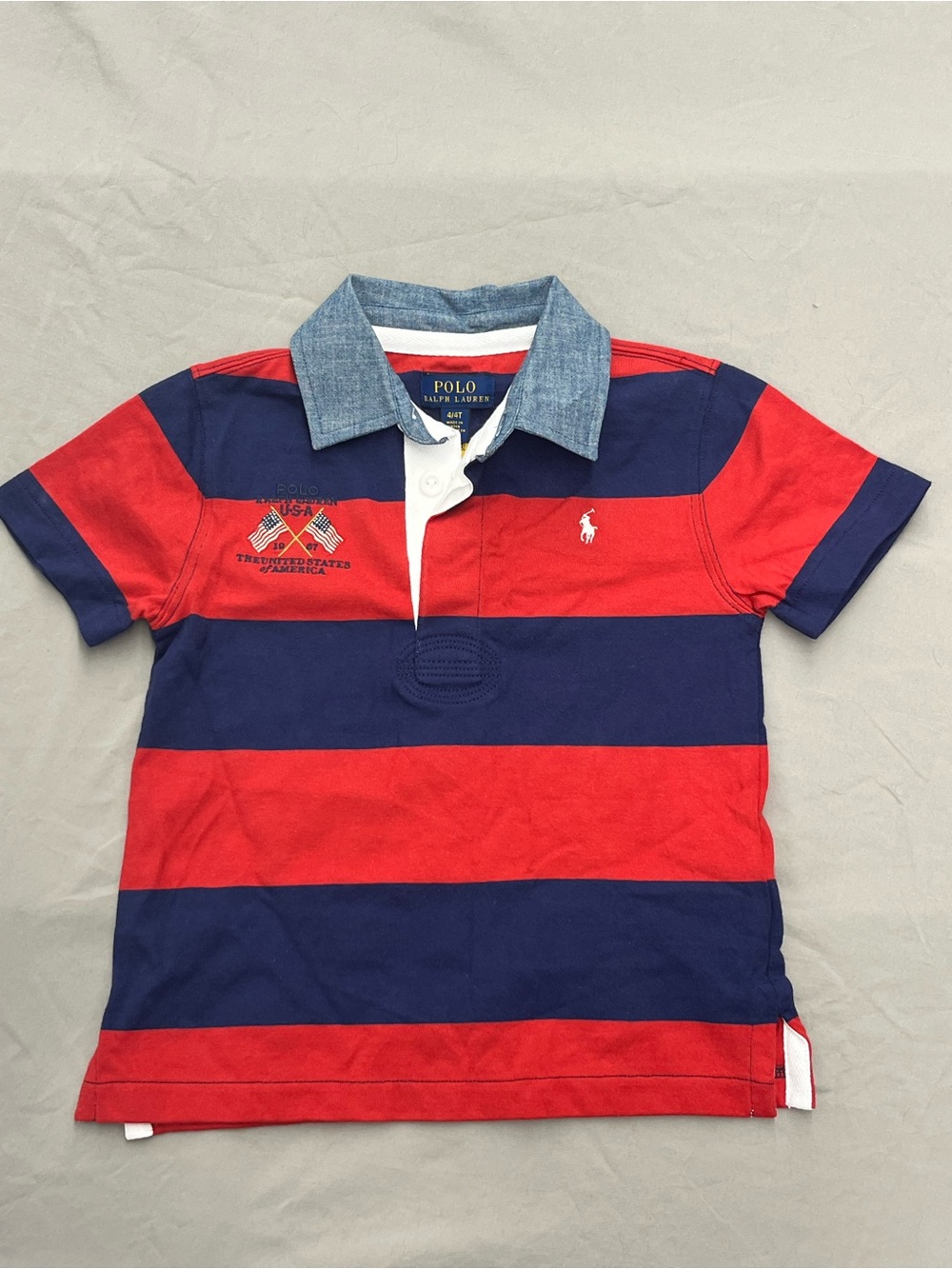 Polo by Ralph Lauren Red & Navy Wide-Stripe Polo with USA Flag Size 4/4T